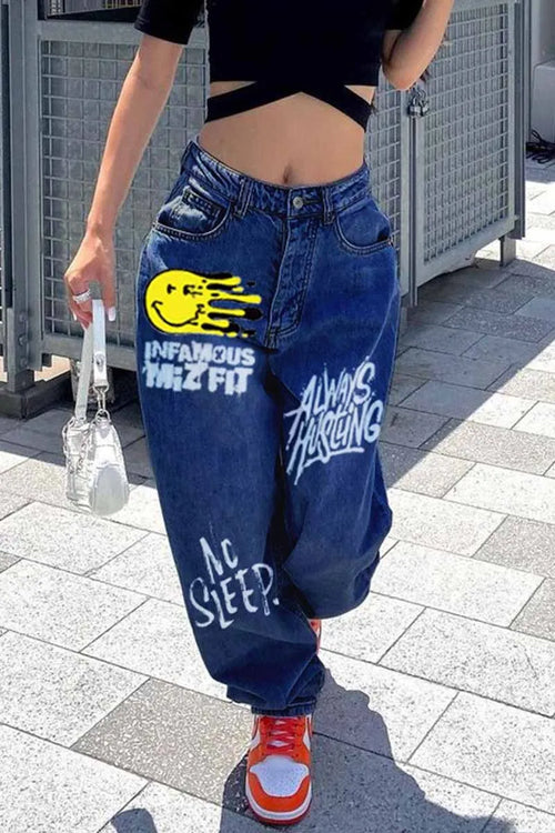 Fashion Casual Letter Print Basic High Waist Regular Wide Leg Denim Jeans