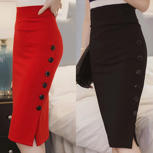 Elegant Women Vintage Office Lady Slim Skirts High Waist Buttons Slit Pencil Skirts Women Summer Sexy S-3XL Stretch Midi Skirts