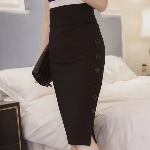 Elegant Women Vintage Office Lady Slim Skirts High Waist Buttons Slit Pencil Skirts Women Summer Sexy S-3XL Stretch Midi Skirts