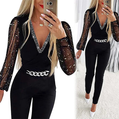 Women's V-Neck Jumpsuit - One Piece Full Sleeve, High Waist, Overalls, Casual Romper with Slim Fit Pencil Pants