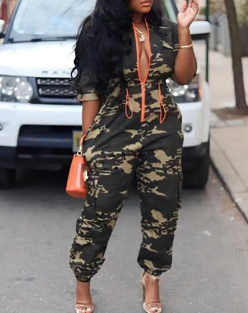 Fashion Jumpsuits for Woman 2025 Summer Camouflage Print Zipper Pocket Design Casual One Pieces Jumpsuit Streetwear Y2K Clothing