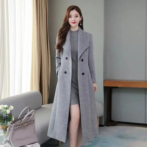 Women's Knee-length Woolen Overcoat with Lapel - Spring/Autumn, Thick and Slimming