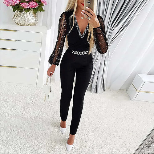 Women's V-Neck Jumpsuit - One Piece Full Sleeve, High Waist, Overalls, Casual Romper with Slim Fit Pencil Pants