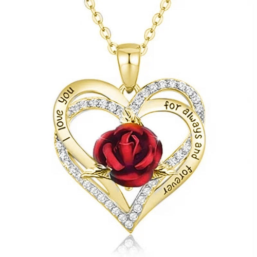 Heart Rose Necklace w/ Cross Heart Bow Pendant