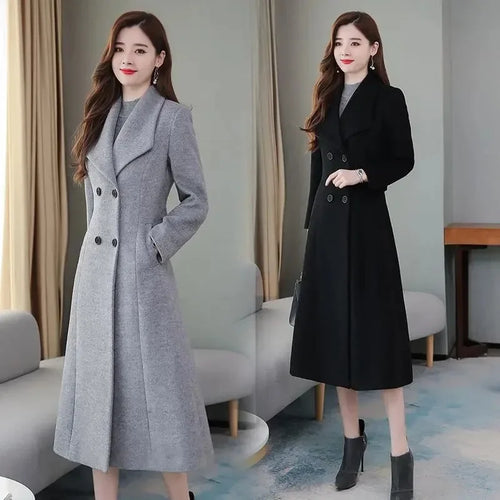 Women's Knee-length Woolen Overcoat with Lapel - Spring/Autumn, Thick and Slimming