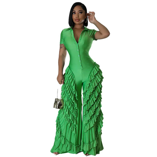 Women Multi Ruffles Short Sleeve Zipper Fly Wide Leg Shirt Jumpsuit