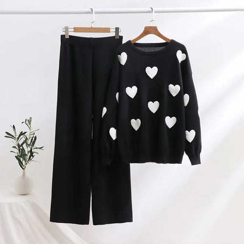 Casual Knitted Sweater Long Pants Woman's Set Loose Love Printed Pullover Sweaters High Waist Pant Sets Female Chic Outfits