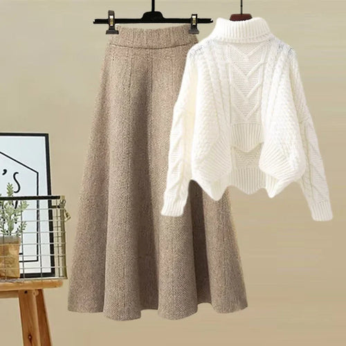 2024 New Women's Polo/Turtle Neck Knit Sweater 2-Piece Set Slimming Skirt Crossbody Design Sensibility for Autumn/Winter