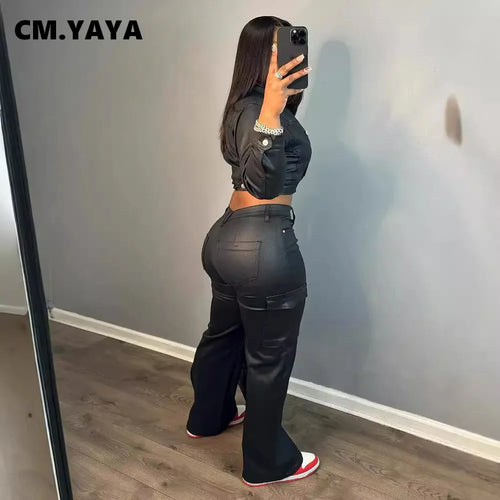 CM.YAYA Faux Leather Women's Set Single Breasted Jacket and Flare Pants Suit 2024 Fall Winter Two 2 Piece Sets Outfits Tracksuit