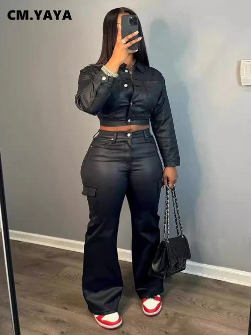 CM.YAYA Faux Leather Women's Set Single Breasted Jacket and Flare Pants Suit 2024 Fall Winter Two 2 Piece Sets Outfits Tracksuit