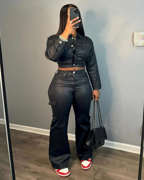 CM.YAYA Faux Leather Women's Set Single Breasted Jacket and Flare Pants Suit 2024 Fall Winter Two 2 Piece Sets Outfits Tracksuit