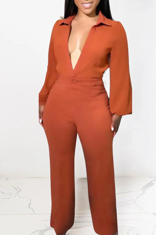 Tangerine Red Sexy Solid Patchwork V Neck Straight Jumpsuits