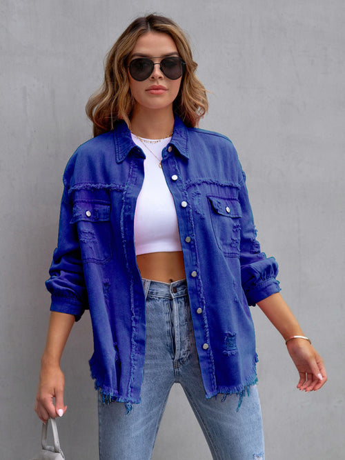 Raw edge ripped denim jacket Temperament casual trendy jacket