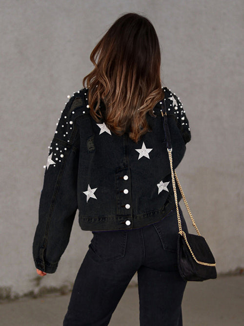 Pearl Studded Distressed Denim Jacket