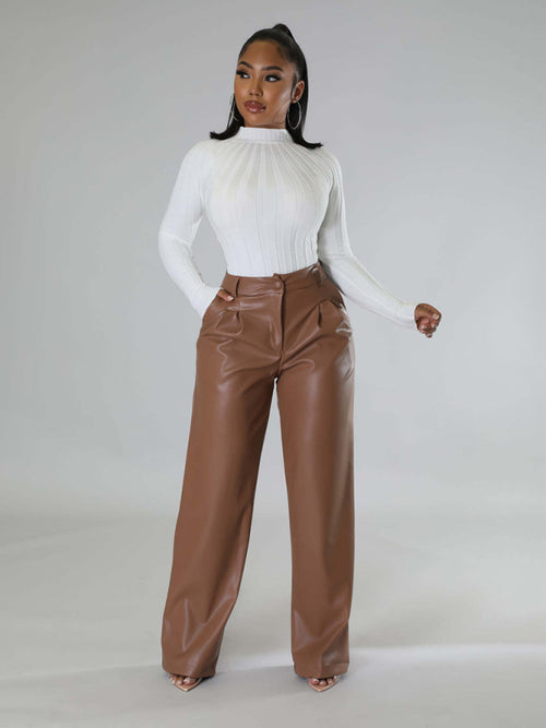 Women's loose wide-leg pocket casual leather pants