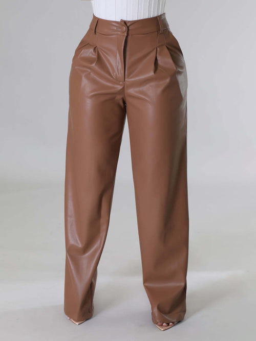 Women's loose wide-leg pocket casual leather pants