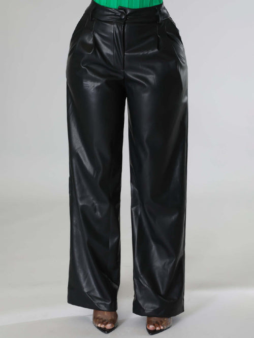 Women's loose wide-leg pocket casual leather pants