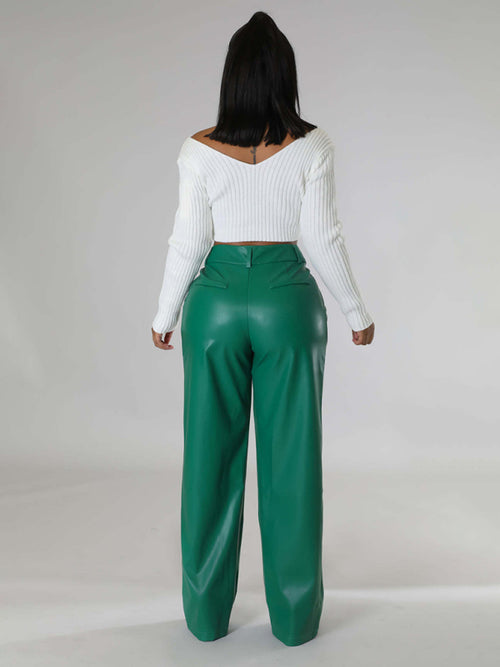 Women's loose wide-leg pocket casual leather pants