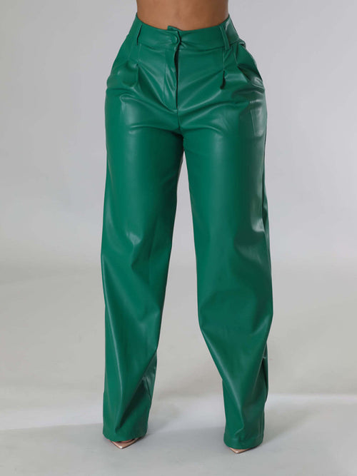 Women's loose wide-leg pocket casual leather pants