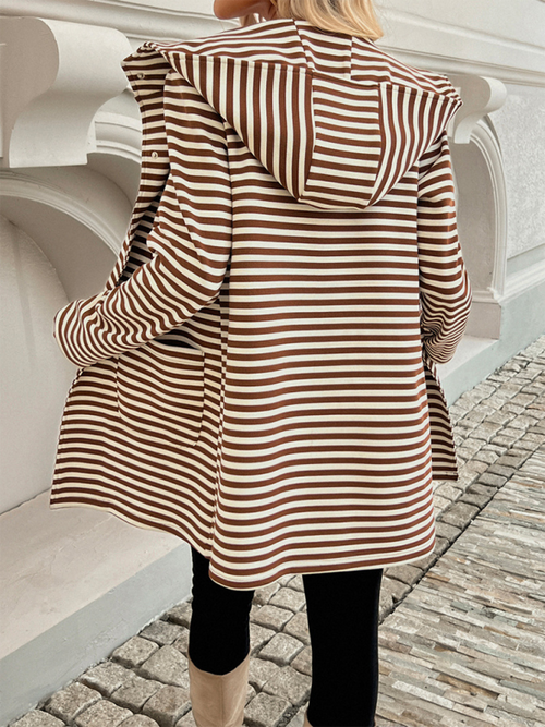 New Striped Cardigan Hooded Knit Long Sleeve Coat